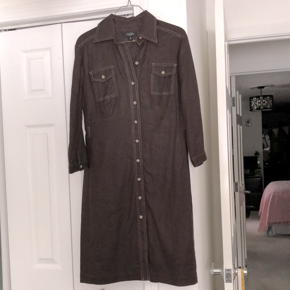 S Tahari Linen Blend Dress Duster Button Up Pocket Chocolate Autumn Cocoa